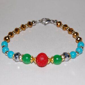 Multicolor Bracelet,Carved Charm,Stone and Glass Beads,Clasp Closure Bracelet